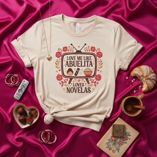 Love Me Like Abuelita Loves Novelas T-Shirt, Funny Hispanic Grandma Tee, Vintage TV Floral Graphic, Spanish Quote Gift for Abuela, Latina Culture Style Mexicada