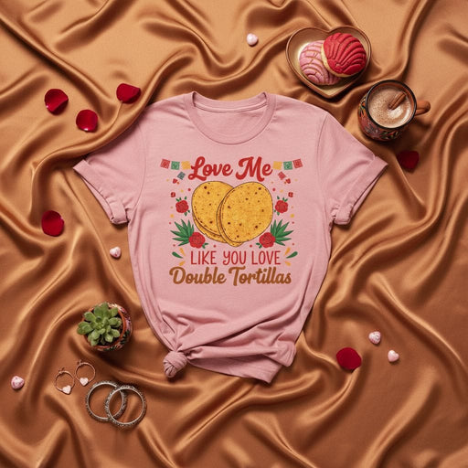 Love Me Like You Love Double Tortillas T-Shirt, Funny Valentine's Day Tee, Taco Lover Shirt, Cinco de Mayo Apparel, Mexican Food Humor Gift, Pink Unisex Graphic Top with Concha and Roses Design Mexicada