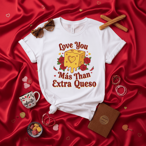 Love You Más Than Extra Queso T-Shirt, Funny Valentine's Day Tee, Cute Cheese and Roses Graphic Shirt, Spanish English Mixed Phrase Unisex Top, Food Pun Gift for Her Him Mexicada