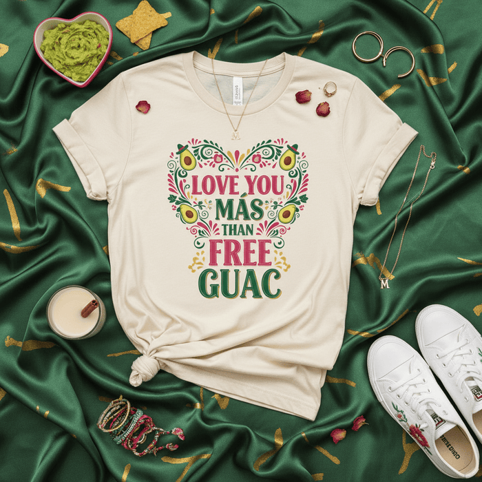 Love You Más Than Free Guac T-Shirt, Funny Guacamole Heart Graphic Tee, Cinco de Mayo Spanish English Mix Shirt, Avocado Lover Gift Top, Unisex Food Pun Shirt Mexicada