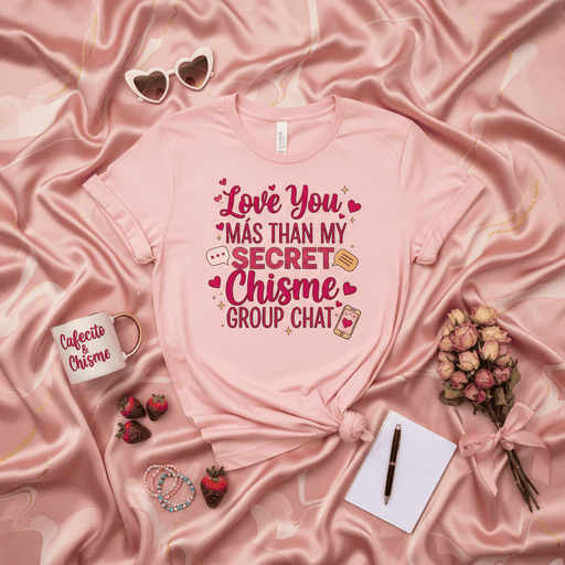 Love You Más Than My Secret Chisme Group Chat T-Shirt, Funny Valentine's Day Pink Tee, Latinx Spanish English Spanglish Latina Gift, Gossip Coffee Lover Shirt Mexicada