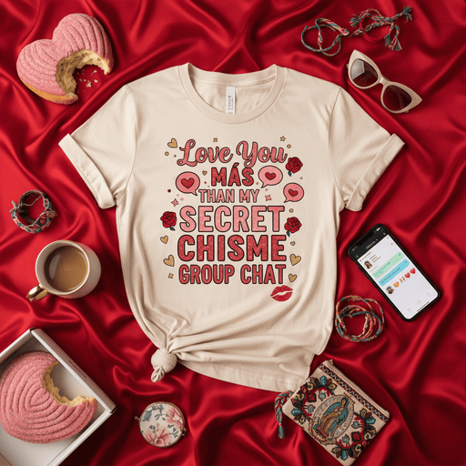 Love You Más Than My Secret Chisme Group Chat T-Shirt, Funny Valentine's Day Tee, Latina Spanish English Quote Shirt, Comadre Gift, Mejor Amiga Friendship Tee, Heart and Rose Graphic Top Mexicada