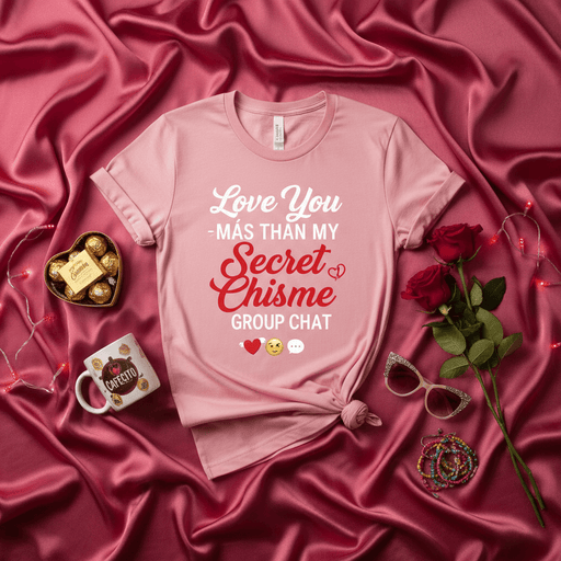 Love You Más Than My Secret Chisme Group Chat T-Shirt, Funny Valentine's Day Tee, Latino Spanish English Phrase Shirt, Galentine's Day Gift, Cute Pink Romantic Top Mexicada