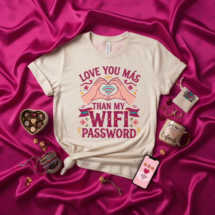 Love You Más Than My WiFi Password Shirt, Funny Spanglish Valentine's Day Tee, Cute Anniversary Gift for Him Her Partner, Wifi Heart Hands Graphic T-Shirt Mexicada