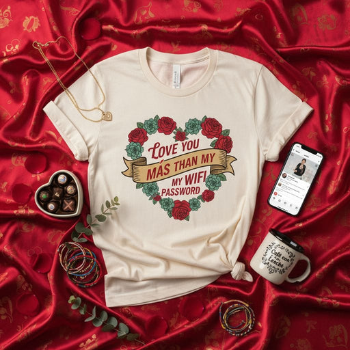 Love You Más Than My WiFi Password, Spanish-English Spanglish Valentine's Day T-Shirt, Floral Heart Roses Anniversary Gift Tee for Him Her Partner, Funny Romantic Spanglish Apparel Mexicada