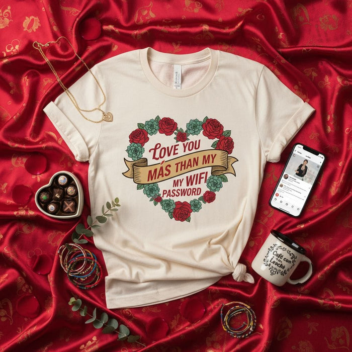 Love You Más Than My WiFi Password, Spanish-English Spanglish Valentine's Day T-Shirt, Floral Heart Roses Anniversary Gift Tee for Him Her Partner, Funny Romantic Spanglish Apparel Mexicada
