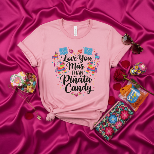Love You Más Than Piñata Candy Shirt, Funny Cinco de Mayo Valentine's Day Tee, Cute Pink Heart with Rainbow Donkey Piñatas Unisex Gift T-Shirt, Fiesta Mexican Heritage T-shirt for Him or Her Mexicada