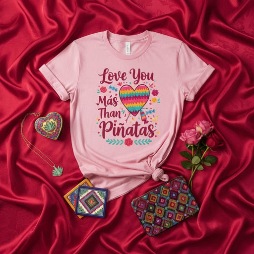 Love You Más Than Piñatas Shirt, Funny Valentine's Day T-Shirt, Cute Colorful Heart Tee, Fiesta Celebration Gift, Unisex Pink Graphic T-shirt for Women and Men Mexicada