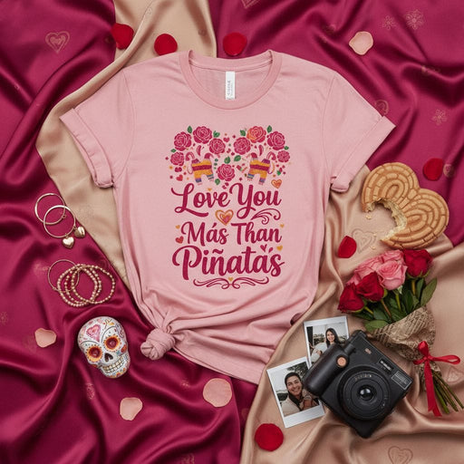 Love You Más Than Piñatas Shirt, Valentine's Day T-Shirt, Funny Hispanic I Love You Tee, Romantic Spanish English Pun, Mexican Fiesta Roses Graphic Top, Couples Gift Idea, Unisex Adult Apparel Mexicada
