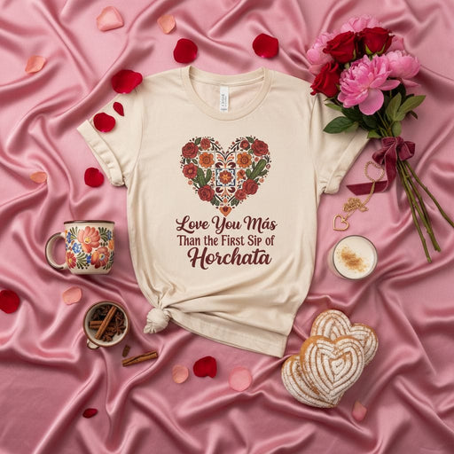 Love You Más Than the First Sip of Horchata T-Shirt, Floral Heart Design, Mexican Culture Inspired, Valentine's Day Gift, Unisex Tee, Funny Spanish English Quote Shirt Mexicada