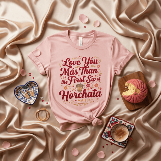 Love You Más Than The First Sip of Horchata T-Shirt, Funny Hispanic Food Tee, Cute Spanish Quote Shirt, Latino Valentine's Day Gift, Concha Bread Photo Prop Shirt, Romantic Horchata Drink Lover Top, Pink Unisex Graphic Tee Mexicada