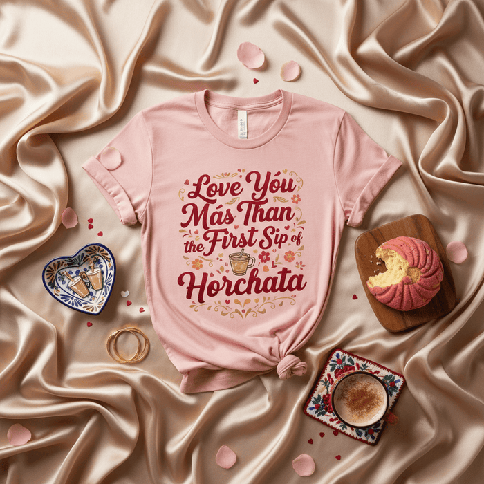 Love You Más Than The First Sip of Horchata T-Shirt, Funny Hispanic Food Tee, Cute Spanish Quote Shirt, Latino Valentine's Day Gift, Concha Bread Photo Prop Shirt, Romantic Horchata Drink Lover Top, Pink Unisex Graphic Tee Mexicada