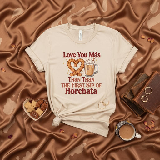 Love You Más Than The First Sip of Horchata Unisex T-Shirt, Soft Serve Churro Heart Tee, Mexican Dessert Iced Drink Gift, Cute Food Pun Shirt, Valentine's Day Present Mexicada