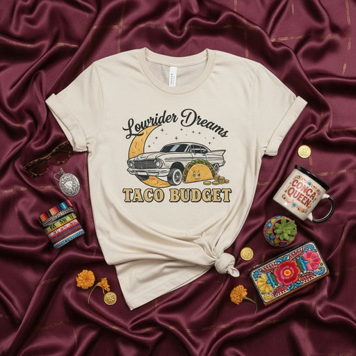 Lowrider Dreams Taco Budget Shirt, Chicano Culture Tee, Vintage Car Graphic T-Shirt, Foodie Gift, Mexican Heritage Apparel, Unisex Fit, Casual Streetwear Top Mexicada
