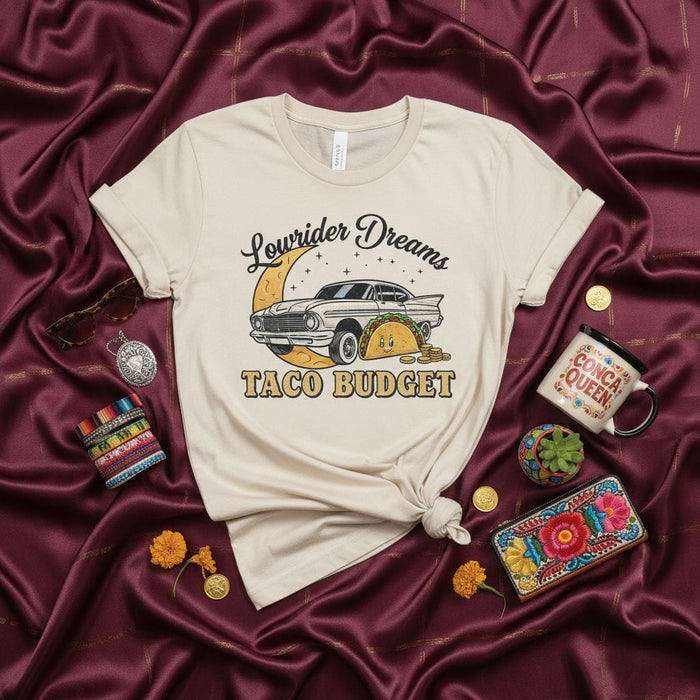 Lowrider Dreams Taco Budget Shirt, Chicano Culture Tee, Vintage Car Graphic T-Shirt, Foodie Gift, Mexican Heritage Apparel, Unisex Fit, Casual Streetwear Top Mexicada