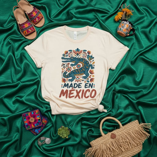 MADE EN MEXICO Alligator Floral Folk Art Unisex T-Shirt, Mexican Heritage Gift Tee, Colorful Traditional Style Design, Beige Shirt with Reptile and Flowers. Mexicada