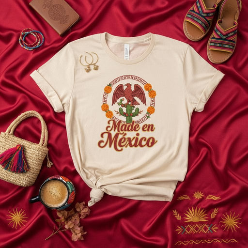 Made en México Eagle Marigold Unisex T-Shirt, Mexican Heritage, Aztec Calendar Border, Hecho en Mexico Tee, Hispanic Pride Gift Idea, Culture Celebration Shirt Mexicada