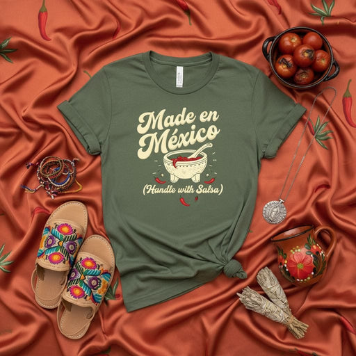 Made en México (Handle with Salsa) T-Shirt: Funny Mexican Food Shirt, Molcajete Salsa Tee, Unisex Graphic Latinx Gift for Cooks, Chili Pepper Lovers, Mexican Heritage Apparel Mexicada