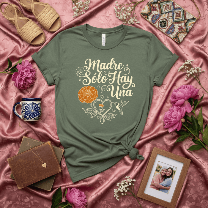 Madre Solo Hay Una Shirt, Spanish Mother's Day Gift, Día de las Madres T-Shirt, Marigold Hummingbird Floral Design Tee, Latina Mom Life Apparel, Cute Olive Green Women's Top for Mother, Soft Spanish Quote Saying T-Shirt Mexicada