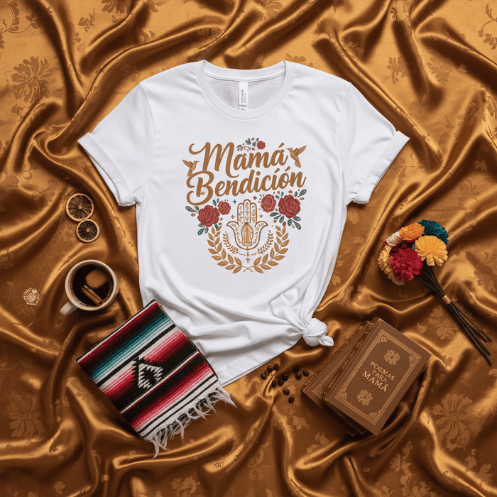 Mamá Bendición T-Shirt with Hamsa Hand and Roses, Religious Christian Faith Tee, Día de las Madres Gift, Spanish Language Mother's Day Shirt Mexicada
