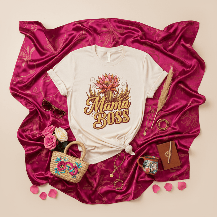 Mama Boss Shirt, Boho Lotus Flower Cactus Graphic T-Shirt, Cream Unisex Tee, Mother's Day Gift for Mom, Floral Botanical Western Desert Apparel Mexicada