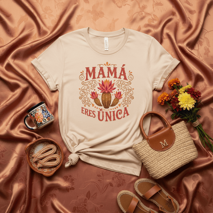 Mamá Eres Única Cactus Flower T-Shirt, Mother's Day Gift Tee, Spanish Quote Shirt, Unique Mom Fiesta Apparel, Cute Floral Desert Graphic Unisex Shirt Mexicada