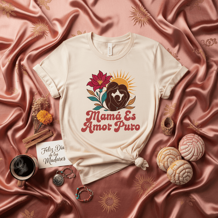 Mamá Es Amor Puro Shirt for Mother's Day, Spanish Phrase Tee, Latina Mom Gift, Floral Sun Design, Día de las Madres T-Shirt, Motherhood Love Graphic Top, Cute Mom Apparel Mexicada