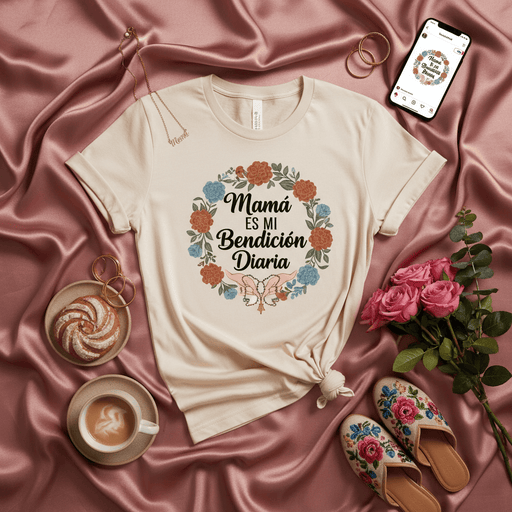 Mamá Es Mi Bendición Diaria Shirt Spanish Christian Mother's Day Gift Tee Religious Floral Wreath Catholic Mom T-Shirt Spanish Language Gift for Mother Blessing Devotional Faith-Based Apparel Mexicada