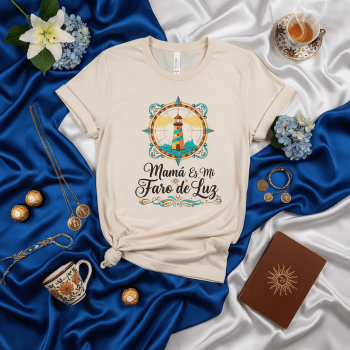 Mamá Es Mi Faro de Luz T-Shirt, Mother's Day Gift, Spanish Mom Lighthouse Compass Rose Tee, Regalo para Mamá, Best Mom Ever Shirt, Nautical Family Love T-Shirt, Beige Unisex Shirt Mexicada