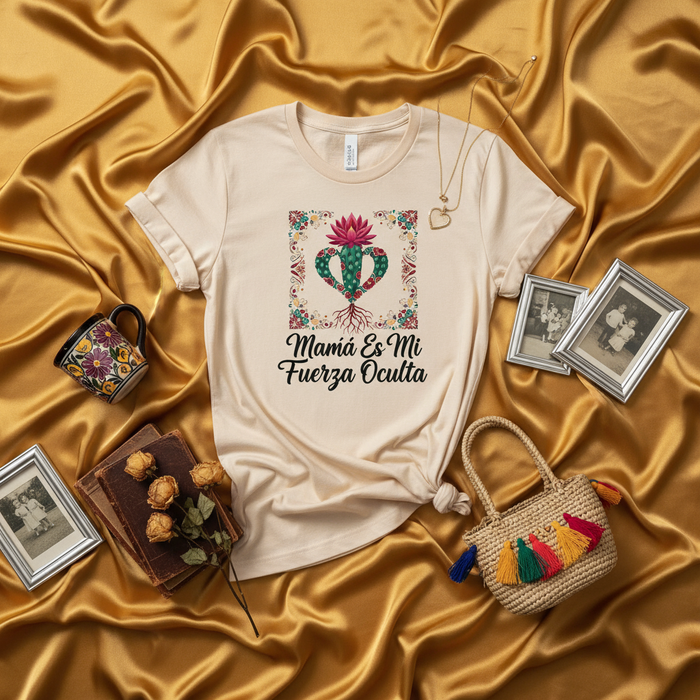 Mamá Es Mi Fuerza Oculta Corazón Cactus Camiseta Mexicana Floral Unisex, Regalo para Mamá, Día de las Madres, Estilo Boho Chic Mexicada