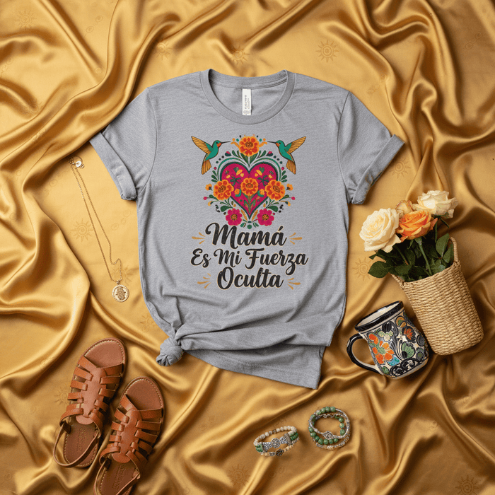 Mamá Es Mi Fuerza Oculta Hummingbird Floral Heart T-Shirt | Spanish Mom Mother's Day Gift Tee | Folk Art Style Latina Mama Shirt for Women Mexicada