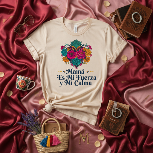 Mamá Es Mi Fuerza Y Mi Calma Floral Corazón T-Shirt, Mother's Day Gift, Spanish Language Tee, Unisex Dia de las Madres Shirt, Latina Mom Apparel, Best Mom Ever T-Shirt, Vibrant Design T-Shirt Mexicada
