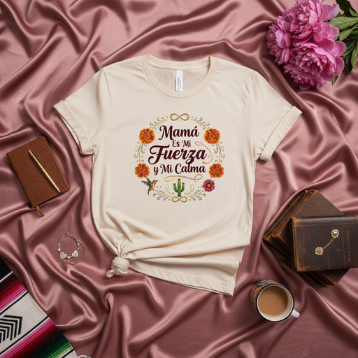 Mamá Es Mi Fuerza y Mi Calma T-Shirt, Mother's Day Gift, Spanish Mom Shirt, Marigold Floral Hummingbird Cactus Graphic Tee, Strength Calm Gift for Latina Mama, Beige Unisex Shirt Mexicada