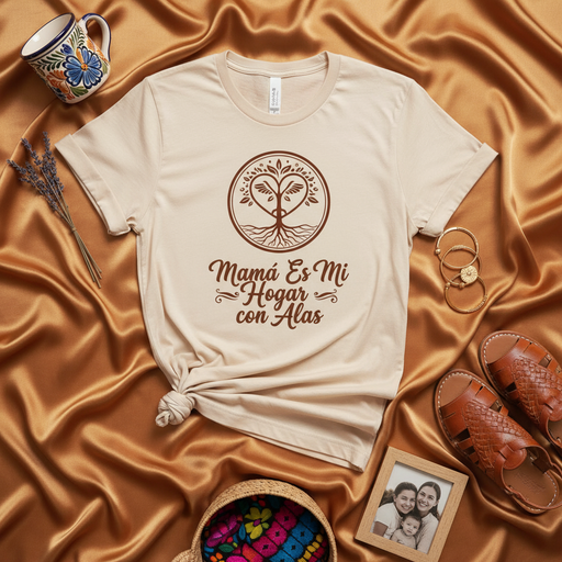 Mamá Es Mi Hogar con Alas T-Shirt, Spanish Mother's Day Gift, Latino Mom Shirt, Family Tree with Roots Design, Unisex Tee for Mama, Beige Shirt for Hispanic Mothers Mexicada