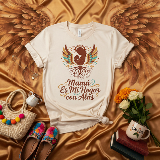 Mamá Es Mi Hogar con Alas T-Shirt | Spanish Mother's Day Shirt | Latina Mom Gift | Angel Wings & Roots Design | Regalo para Mamá | Camiseta para Mujer o Hombre | Brown & Teal Boho Style Top Mexicada
