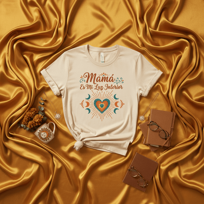 Mamá Es Mi Luz Interior Boho Sun Moon Heart T-Shirt, Celestial Spanish Mother's Day Gift Tee, Spiritual Mommy Shirt, Mystical Bohemian Style Top for Her Mexicada