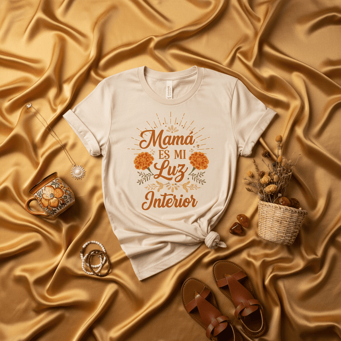 Mamá Es Mi Luz Interior T-Shirt, Mother's Day Gift, Spanish Mama Shirt, Marigold Flowers, Inspirational Quote Tee, Beige Unisex T-shirt for Mom or Latina Mother. Mexicada