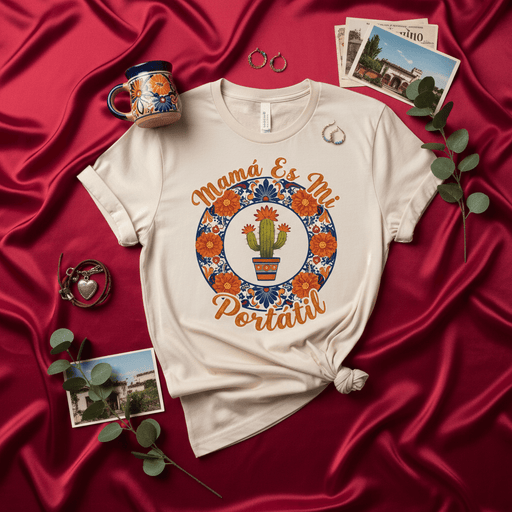 Mamá Es Mi Portátil Cactus T-Shirt, Día de la Madre Regalo, Camiseta Unisex con Diseño Floral Naranja y Azul, Estilo Mexicano, Ropa de Maternidad, Regalo para Mamá Española. Mexicada