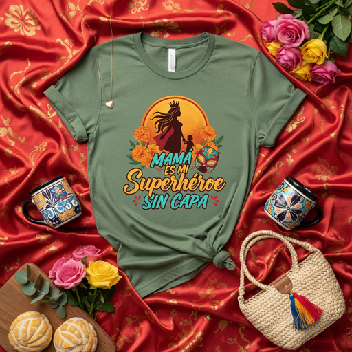 Mama es mi Superhéroe Sin Capa Shirt, Spanish Mother's Day T-Shirt, Latina Mom Tee, Mexican Cultural Design, Día de las Madres Gift for Mother, Women's Graphic T-Shirt, Family Love Apparel, Fiesta Celebration Outfit, Floral Marigold Print Mexicada