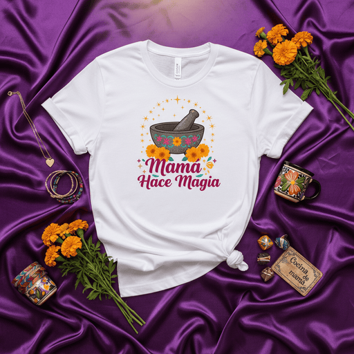 Mama Hace Magia T-Shirt, Molcajete Marigold Flowers Tee, Latina Mom Magic Cooking Shirt, Día de Muertos Ofrenda, Spanish Quote Gift for Hispanic Mother's Day, Mexican Kitchen Gift, Unisex Short Sleeve T-Shirt Mexicada