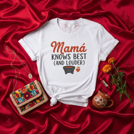 Mamá Knows Best (And Louder) T-Shirt, Funny Mom Shirt, Spanish Mom Gift, Mother's Day Tee with Molcajete Graphic, Latina Mama Apparel, Mexican Heritage Top Mexicada