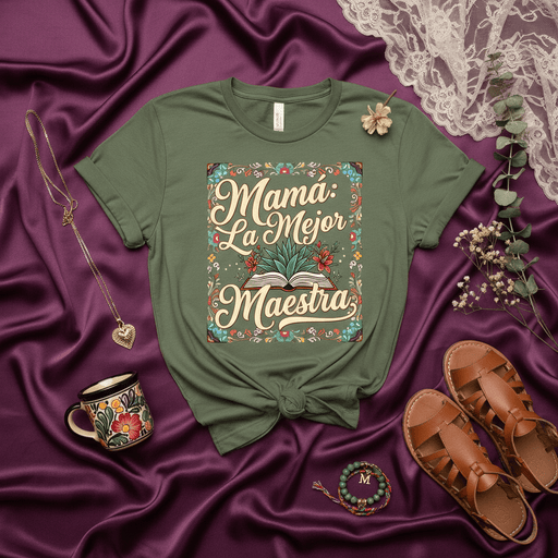 Mamá La Mejor Maestra Shirt, Best Mom Teacher Gift, Spanish Mother's Day T-Shirt, Floral Design Mexican Folk Art Style, Unisex Green Tee for Appreciation Mexicada