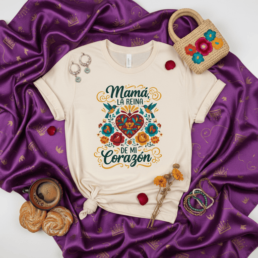 Mamá La Reina De Mi Corazón T-Shirt, Mother's Day Gift, Floral Mexican Folk Art Style, Hispanic Mom Tee, Spanish Language Love Shirt, Día de las Madres, Women's Queen of My Heart Graphic Top Mexicada