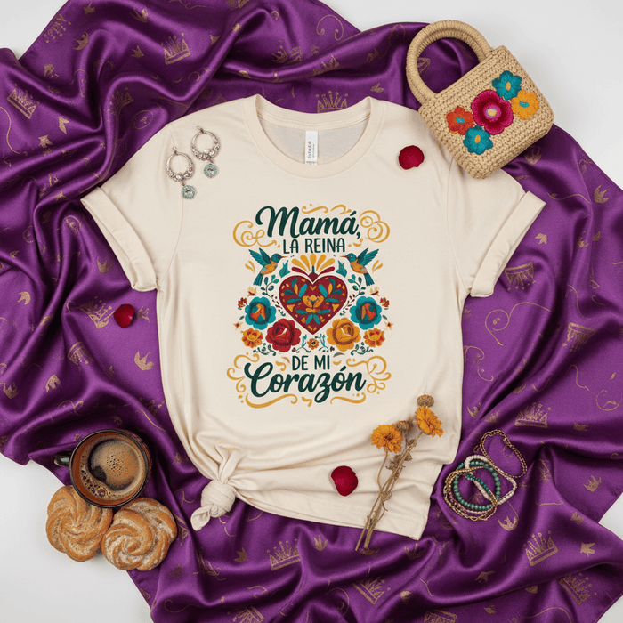 Mamá La Reina De Mi Corazón T-Shirt, Mother's Day Gift, Floral Mexican Folk Art Style, Hispanic Mom Tee, Spanish Language Love Shirt, Día de las Madres, Women's Queen of My Heart Graphic Top Mexicada