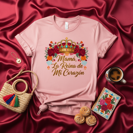 Mamá La Reina de Mi Corazón T-Shirt, Mother's Day Gift, Spanish Mom Shirt, Floral Queen Crown Design, Latina Mama Tee, Pink Unisex Top for Mother, Día de las Madres Apparel Mexicada