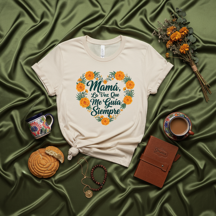 Mamá, La Voz Que Me Guía Siempre T-Shirt, Camiseta de Flores de Cempasúchil para Mamá, Corazón Floral, Regalo para el Día de la Madre, Cumpleaños, Regalo Español, Cuidado, Amor y Guía. Mexicada