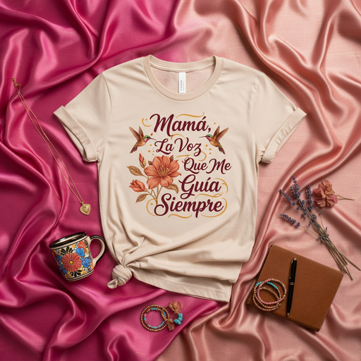 Mamá, La Voz Que Me Guía Siempre T-Shirt for Women, Mother's Day Gift, Spanish Language Tee with Hummingbirds and Floral Design, Cute Beige Mom Shirt, Regalo para Mamá Mexicada