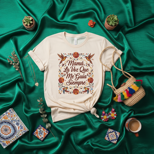 Mamá, La Voz Que Me Guía Siempre T-Shirt | Spanish Mother's Day Gift | Floral Design | Hummingbird Shirt | Regalo para Mamá | Tan Tee | Hispanic Heritage Apparel Mexicada