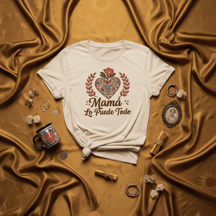 Mamá Lo Puede Todo T-Shirt, Mexican Sacred Heart Shirt, Floral Heart Design, Gift for Mom, Día de las Madres, Spanish Phrase Tee, Mother's Day, Unisex, Latina Heritage, Cultural Aesthetic, Boho Style Mexicada