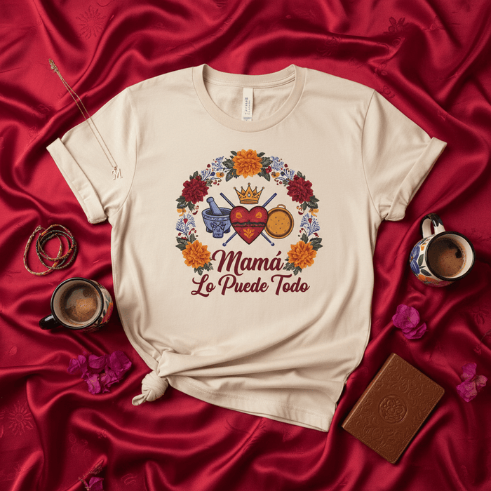 Mamá Lo Puede Todo T-Shirt, Spanish Mom Shirt, Mother's Day Gift, Latina Mama Tee, Floral Wreath Sacred Heart Cooking Utensils Design, Cute Family Hispanic Mother's Tee Mexicada